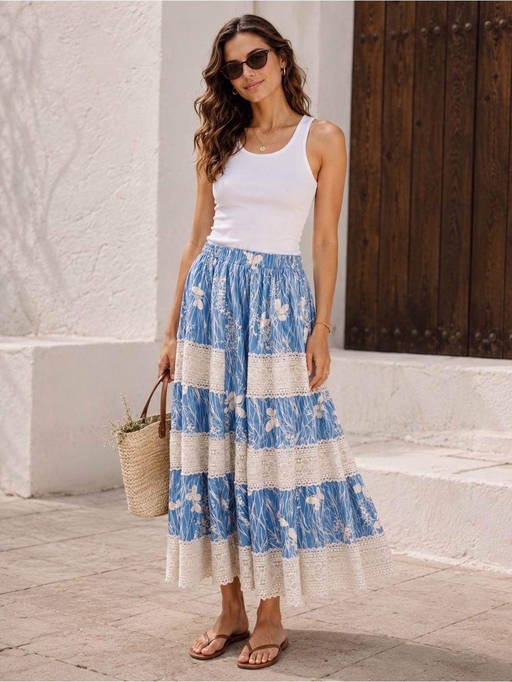 Vintage Mr. Hank Blue Butterfly Floral Print Lace-Trim Maxi Skirt size M